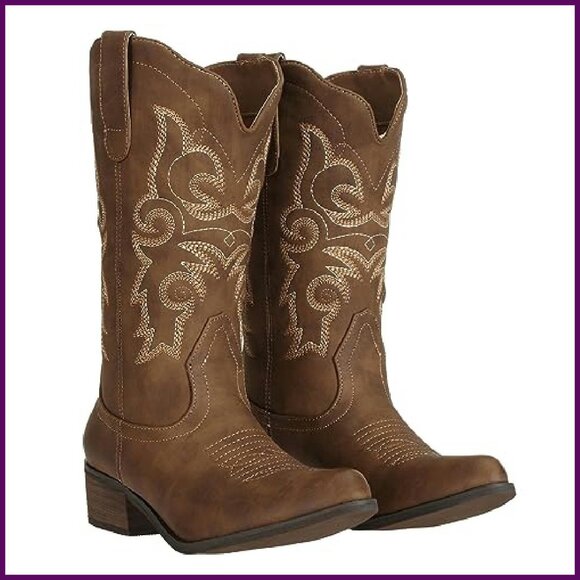 Women's Western Cowgirl Boots Mid Wide Calf Pointed Toe Riding Country - Picture 5 of 8